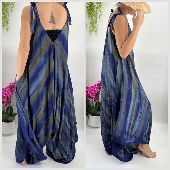 Pōʻalima Blue Tan Tropical Boho Wide Leg Beach Romper - Picture 6 of 14